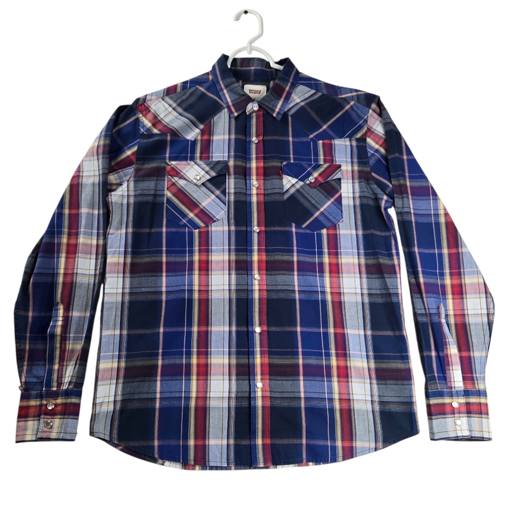 Levi's Men's Blue Red Plaid Pearl Snap Western Shirt L/S Pockets Size‎ Medium